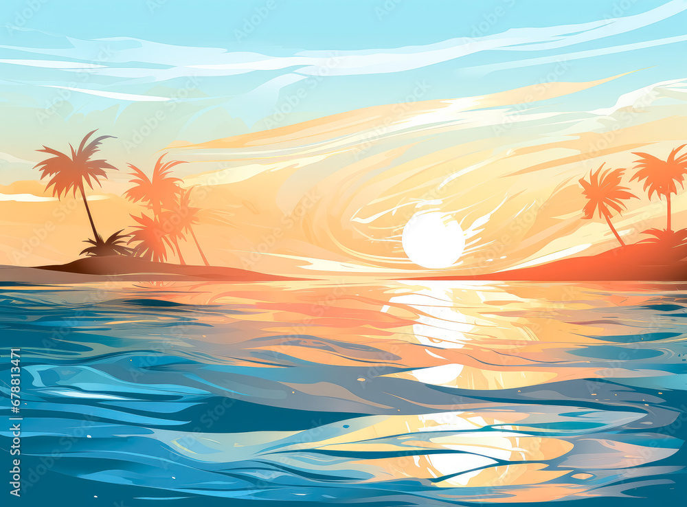 Tropical sea background illustration with blue sky, sparkling water reflections.