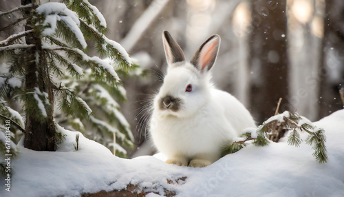 cute white rabbit in snowy winter forest