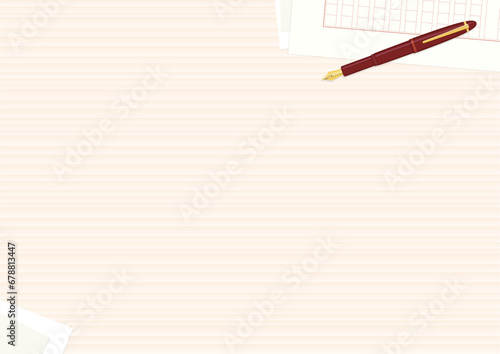 白木の机の背景。原稿用紙と万年筆、紙のフレーム