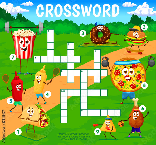 Crossword quiz game. Cartoon fast food characters on sport vacation. Word search kids puzzle vector worksheet with popcorn, donut, burger, pizza and ketchup, taco, nacho funny personages doing fitness