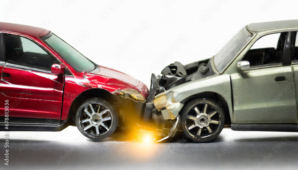 two cars accident violently facing each other on isolated white background generative ai