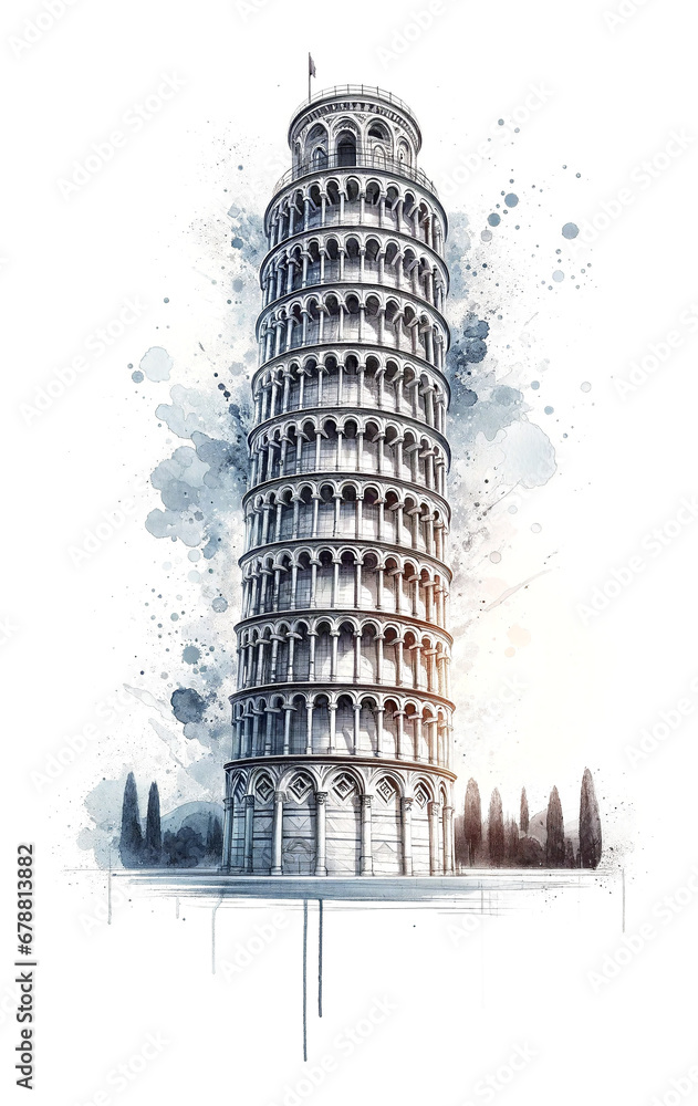 Classic Watercolor of the Isolated Leaning Tower of Pisa