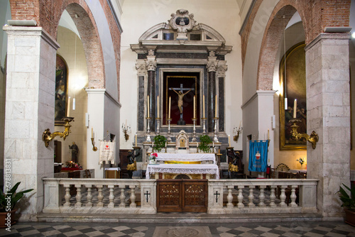 Front view of the altar of San Michele in Foro  a Roman Catholic basilica located in Lucca  Tuscany  Italy. The church is built in Romanesque style and is located in the historic center.