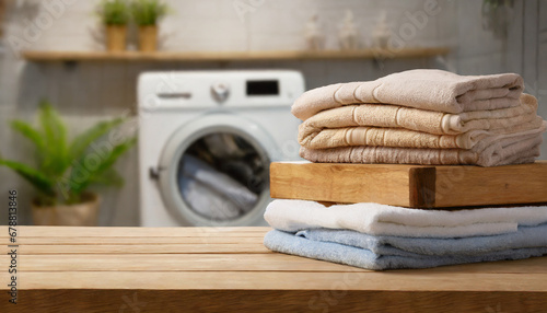 empty wooden board with towels on blurred background of washing machine in home laundry place for product mounting and advertising photo