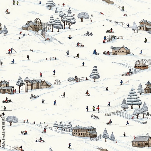 Winter landscape with ski resort seamless tile pattern on white background, people playing having fun in the snow, sliding on sleigh and skiing, snowy pine trees, merry Christmas holiday scene