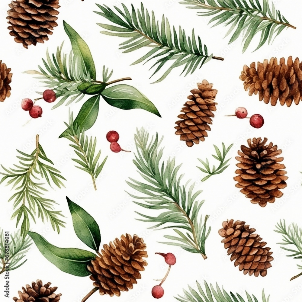 Seamless tile pattern with pine cones and branches, beautiful wallpaper on white background design evoking nature and winter, festive time, Christmas and end of the year celebration illustration Seamless tile pattern with pine cones and branches, beautiful wallpaper on white background design evoking nature and winter, festive time, Christmas and end of the year celebration illustration