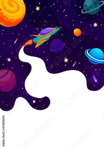 Space starship in starry galaxy, spaceship rocket flying to planet moon, vector poster. Cartoon outer space with rocket shuttle in spaceflight to galaxy exploration or galactic adventure in cosmic sky