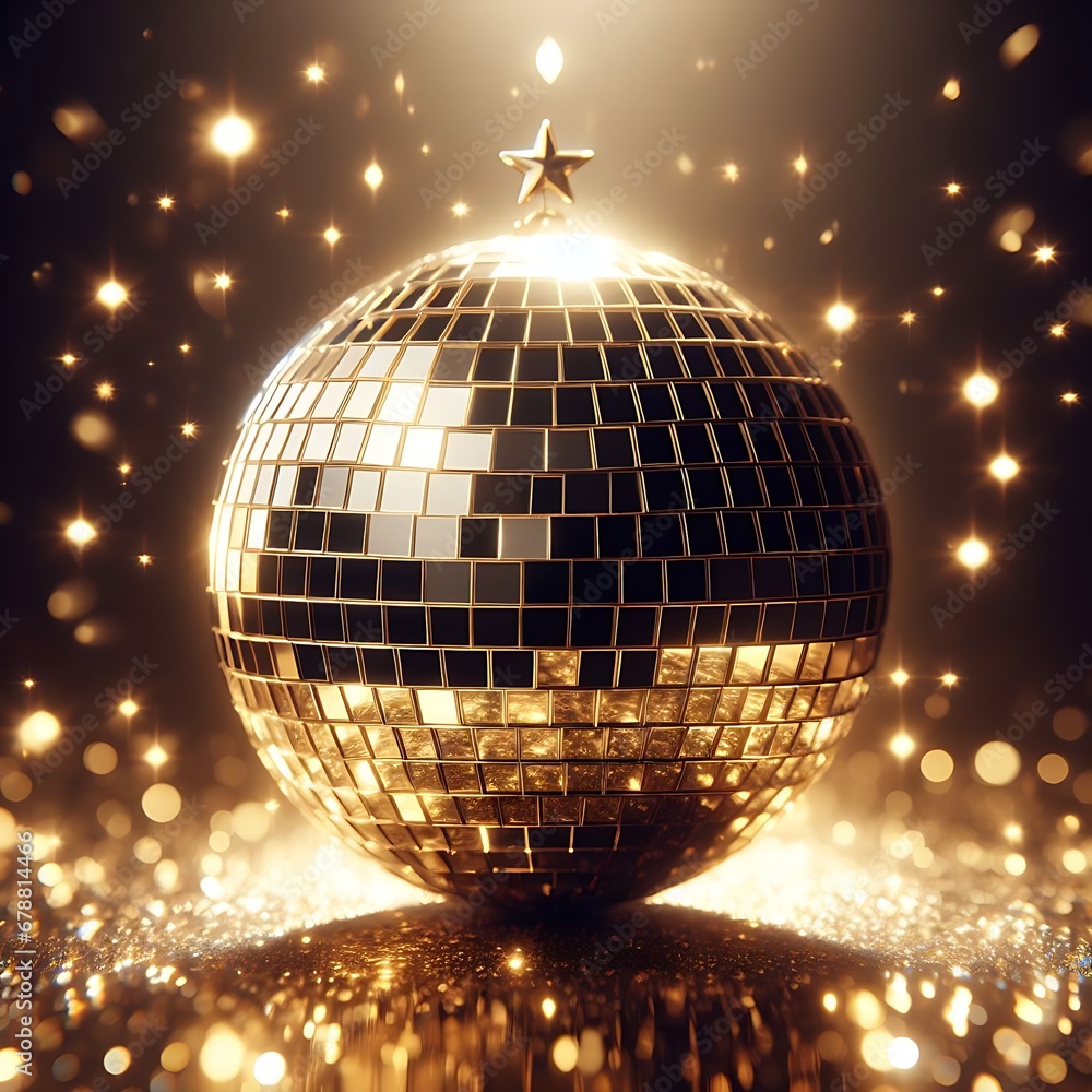 Obraz premium Frame of Glittering Disco Ball a Sparkling Disco Ball Reflec New Year Eve Concept Idea, A disco ball on a reflective surface with lights behind it and also beautiful star on it