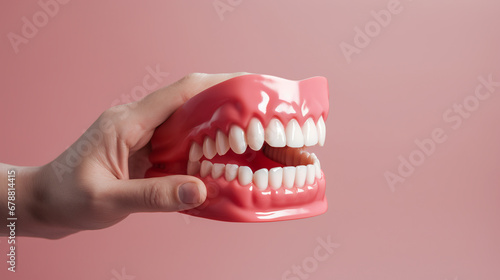dentist's hand holds a mockup of a human jaw or oral cavity. ai generative photo