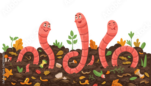 Three cartoon funny earth worms in compost soil ground with bio organic wastes, vector background. Happy earthworms in farm garden compost soil with compostable organic garbage or bio wastes