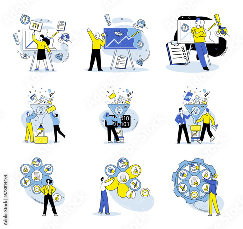 Business analytics vector illustration. Strategic planning sets direction for business growth Research provides insights into market trends and consumer behavior The business analytics concept