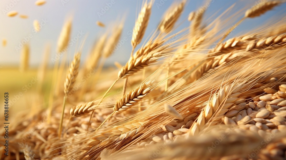 Wheat field. Ears of golden wheat close up. Rich harvest Concept. Wheat field. Ears of golden wheat close up. Rich harvest Concept.
