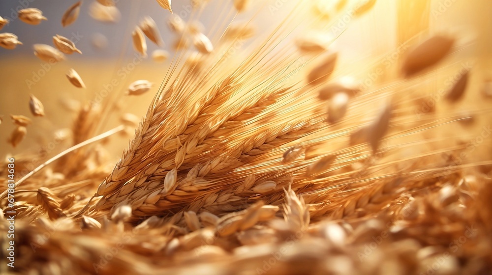Ears of wheat and grain close-up on the background of the sun Ears of wheat and grain close-up on the background of the sun