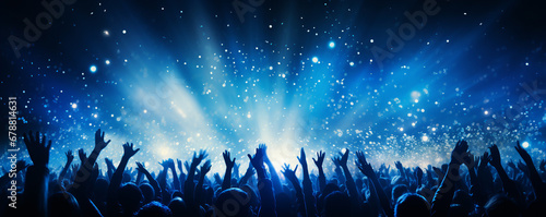 cheering crowd at rock concert in front of bright lights. ai generative. photo