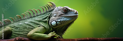 Beautiful iguana on green background  wide horizontal panoramic banner with copy space  or web site header with empty area for text.