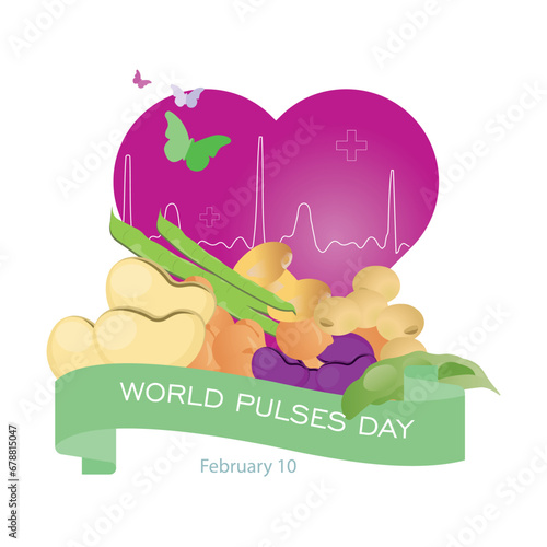 February 10 World Legume Day.
Heart, healthy life and in front of it different legumes, such as soybeans, chickpeas, lupins, lima beans, kidney beans and soya beans.