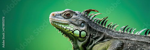 Beautiful iguana on green background  wide horizontal panoramic banner with copy space  or web site header with empty area for text.