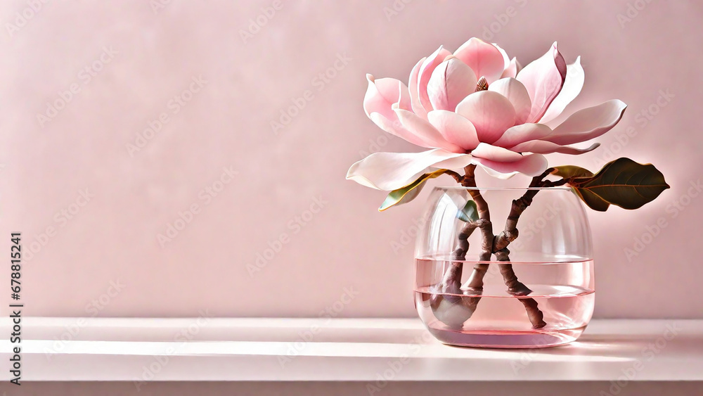 Magnolia flower in a glass vase on a white shelf against a pink wall. Copy space Magnolia flower in a glass vase on a white shelf against a pink wall. Copy space
