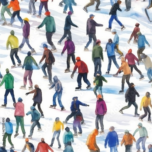 Seamless tile pattern of silhouettes of people skating on ice, people having fun outdoors in winter, ice-skating on frozen lake on white snowy background, healthy living and state of mind, sports