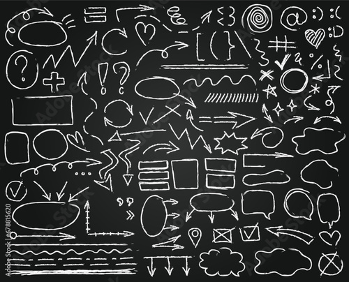 Set of hand drawn doodle chalk symbols for diagrams - arrows, frames, underlines, emphasis, bubbles, marks, statistics for presentation. Freehand sketchy  infographic elements on chalkboard