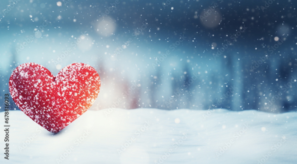 Fototapeta premium Red heart on the background of snow. Heart in the snow, New Year's mood. Christmas wallpaper.