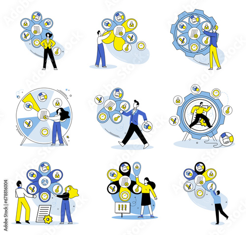 Business routine vector illustration. The process strategizing involves careful planning and execution to achieve desired outcomes Challenges are inevitable in business world and test ones ability