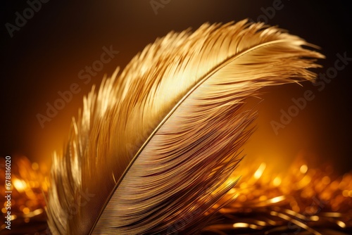 Delicate golden feather close-up with intricate details and soft lighting for a tranquil feel.