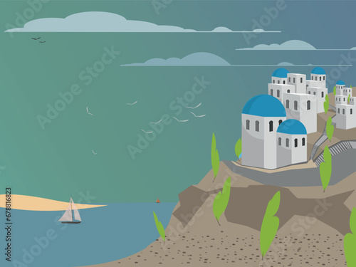 Greek Santorini city landscape with sea and sailing boat