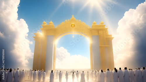 The righteous in white robes at the shining gates of the entrance to the Kingdom of Heaven