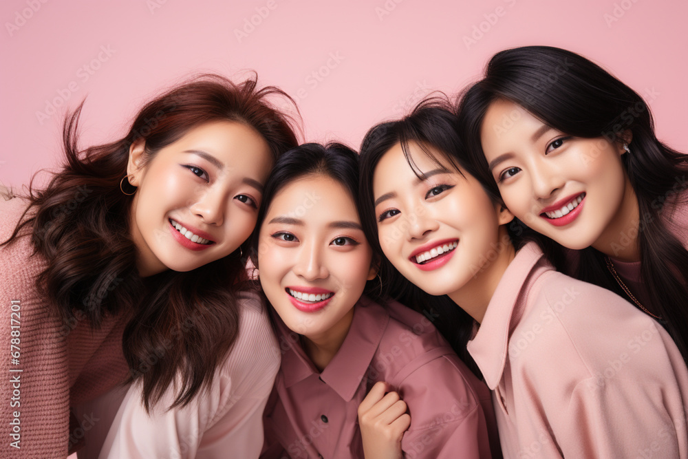 © Valeriia - Asian female friends taking selfie smiling at camera on pink background. Laughing young women celebrating having fun together. Portrait student girls enjoying vacation. Female power feminists concept