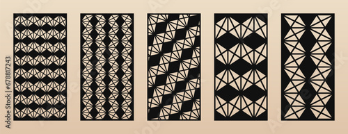 Set of modern laser cut panels. Vector abstract geometric patterns with hexagonal grid, lines, triangles. Decorative stencil for laser, CNC cutting of wood, metal, paper, plastic. Aspect ratio 1:2
