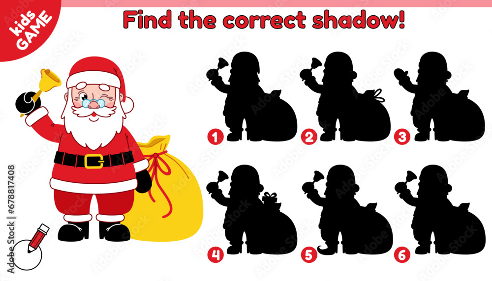 Obraz premium Educational game for children. Find the correct shadow. Cartoon Santa Claus ringing bell with a bag of gifts. Kids puzzle for school education with cute New Year character. Holiday vector illustration