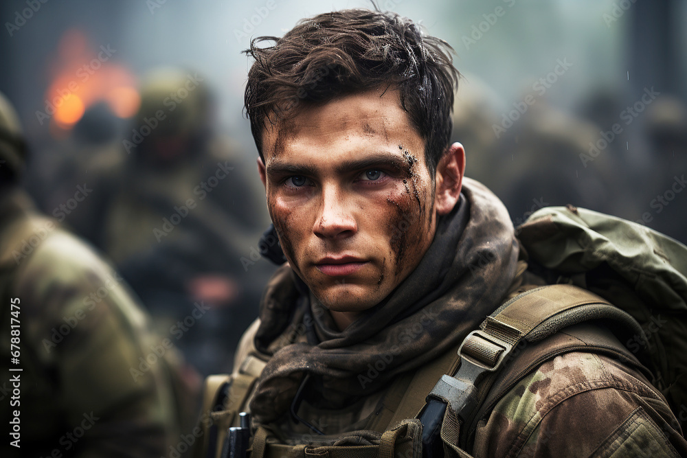 Close-up portrait of a soldier after a battle