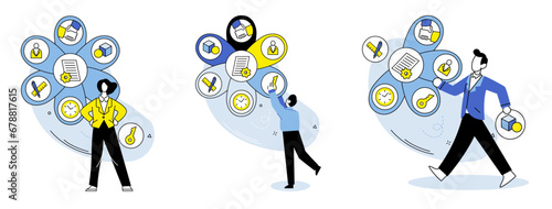 Business routine vector illustration. Planning plays vital role in executing projects and transforming ideas into reality Relaxation is integral part achieving success and maintaining healthy work