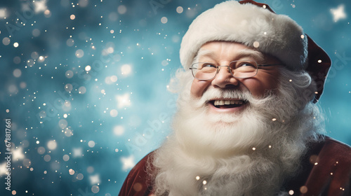 Smiling Santa Claus on a blue snowy background  copy space