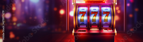 Casino banner, slot machine with jackpot and golden coin, neon and gold color photo