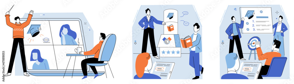 Business training vector illustration. Business lessons cover wide range topics, including marketing, finance, operations, and human resources Attending lectures on business management provides Business training vector illustration. Business lessons cover wide range topics, including marketing, finance, operations, and human resources Attending lectures on business management provides