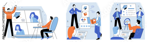Business training vector illustration. Business lessons cover wide range topics, including marketing, finance, operations, and human resources Attending lectures on business management provides