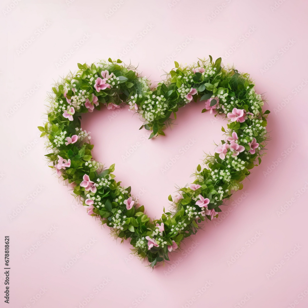 Romantic heart-shaped wreath made of fresh spring flowers and grass, in the spirit of Earth Day, with gentle and warm colors on a pink background.