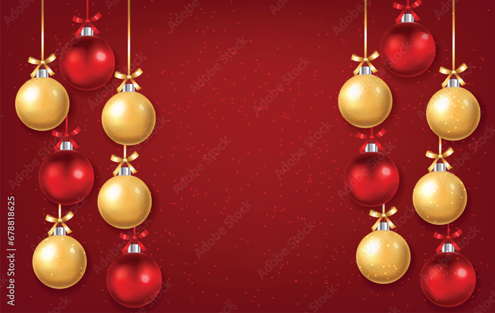 Happy new year banner, merry christmas background, hello winter, realistic christmas ball, sale banner, red ball isolated vector illustration Happy new year banner, merry christmas background, hello winter, realistic christmas ball, sale banner, red ball isolated vector illustration