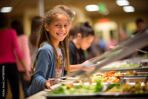 Happy child girl and other kids at buffet of cafeteria in elementary school or hotel photo