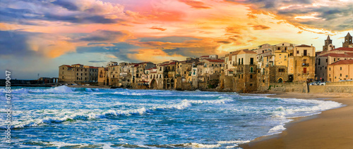 Italy. Sicily island scenic places. Cefalu over sunset - beautifl old town with great beaches photo