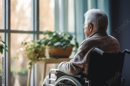Back view Lonely sad elderly person in wheelchair in home nursing looking out window photo