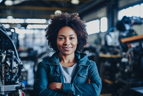 Portrait of industry worker woman inspecting and checkup car at factory. Happy African American young female background workplace