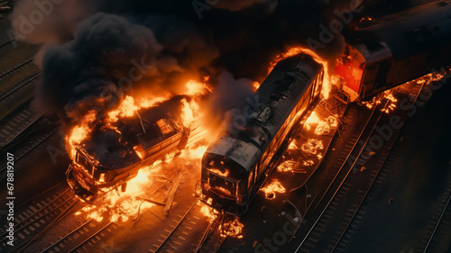 Railroad accident burning, train collision, fire on a passenger Wagons carriage, aerial top view.