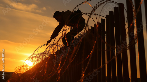 Illegal border crossing by migrant over fence between Mexico and United States, sunset light photo