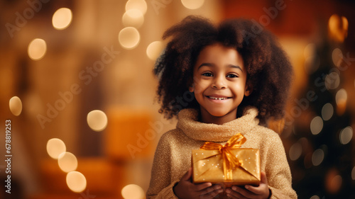Happy afro american little curly girl hugging gift box Christmas on yellow background with light bokeh of xmas tree, warm mood banner © Adin