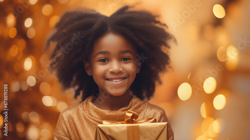 Happy afro american little curly girl hugging gift box Christmas on yellow background with light bokeh of xmas tree, warm mood banner © Adin