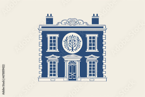 Simplistic blue and cream house facade with ornate emblem