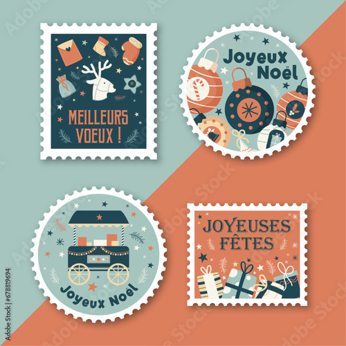 Collection de timbres de Noël - Badges - Stickers - Joyeux Noël - Meilleurs vœux - Illustrations vectorielles pour les fêtes - Motifs de Noël pour les fêtes de fin d'année - Festif et coloré - Lettre